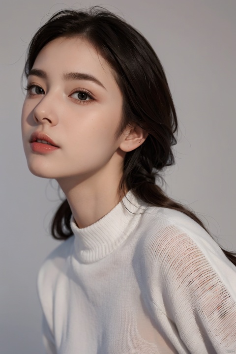 best quality, masterpiece, (photorealistic:1.4), 1European and American girl, Deep facial features,  white background, side, （Black high necked knitted sweater）,Above the chest