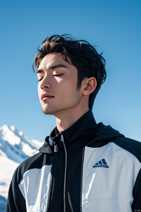  1 European male, 30yo, 70 ° face, curly hair: 0.9, head up, black sports jacket, outdoor mountain range with blue sky background, snowy mountains, eyes closed, filmgirls, AgainMaleA1