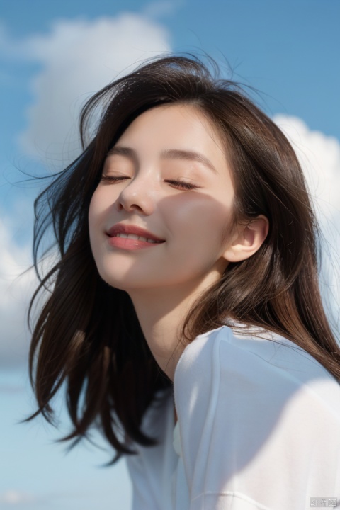  1 girl, European and American face, 70 degree face, looking up ,eyes closed,0.03, revealing ears, brown hair,, white short sleeved shirt,, blue sky background,light cloud, Purity Portait,（smile：0.2）