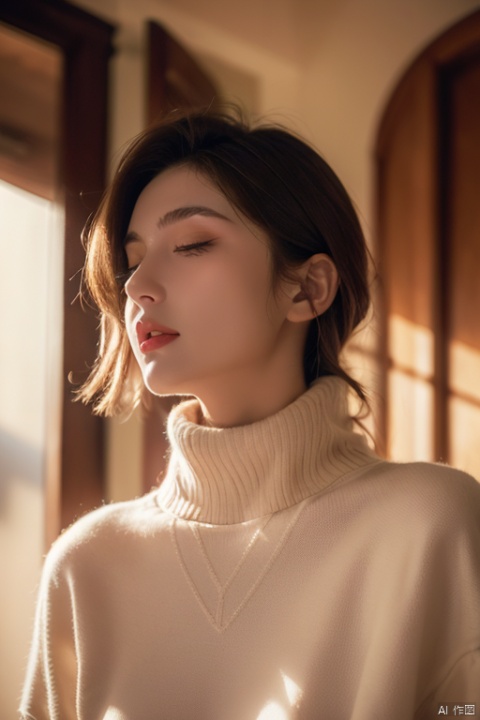  1 girl, European and American, with a side face, short brown hair, exposed ears, a high necked sweater, eyes closed, central composition, lighting, ultra fine, clear focus