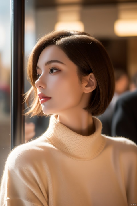  1 girl, European and American, with a side profile, brown short hair, a high necked sweater, subway, central composition,