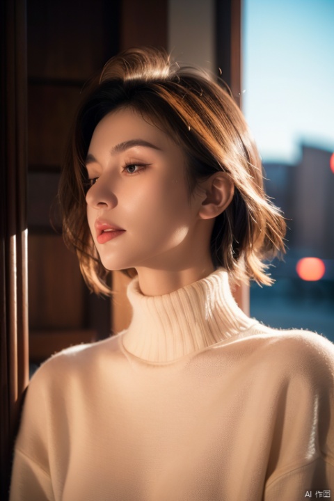  1 girl, European and American, with a side face, short brown hair, exposed ears, a high necked sweater, eyes closed, central composition, lighting, ultra fine, clear focus