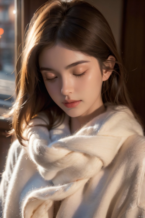  1 girl, European and American, with a side face, short brown hair, exposed ears, a high necked sweater, eyes closed, central composition, lighting, ultra fine, clear focus