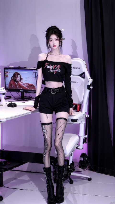  1girl, solo, navel, midriff, belt, pants, boots, looking at viewer, full body, jewelry, standing, earrings, multicolored hair, off shoulder, black hair, nail polish, crop top, black footwear, fishnets, bare shoulders, shorts,sit