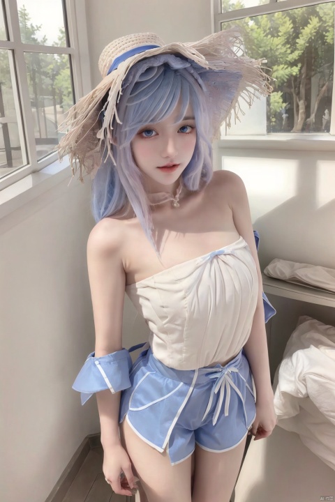  1girl,solo,looking at viewer,open mouth,blue eyes,long sleeves,hat,blue hair,full body,white hair,multicolored hair,white shirt,shorts,socks,standing,sunshine,bedroom,window,flower,(((arms behind the back))),