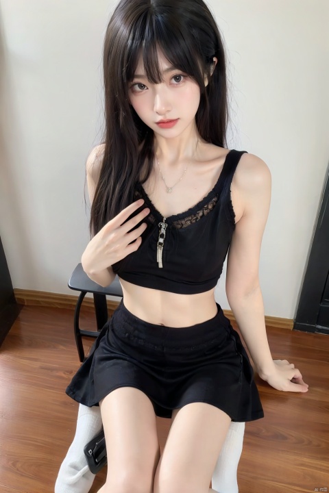 1girl,skinny,fair_skin,black hair,collarbonea,bare shoulders,chest,navel,taut_shirt,lace-trimmed_skirt,socks,