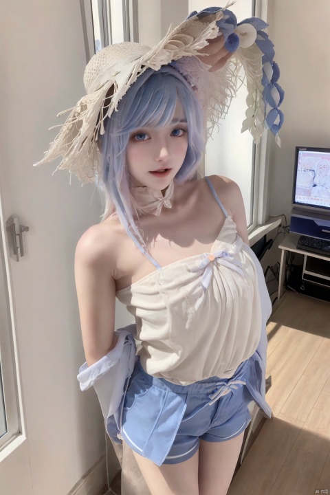  1girl,solo,looking at viewer,open mouth,blue eyes,long sleeves,hat,blue hair,full body,white hair,multicolored hair,white shirt,shorts,socks,standing,sunshine,bedroom,window,flower,(((arms behind the back))),