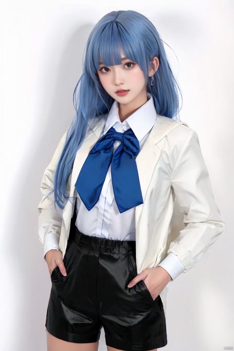  1girl, solo, long hair, looking at viewer, blush, bangs, blue eyes, simple background, shirt, long sleeves, white background, bow, closed mouth, blue hair, jacket, white shirt, ponytail, hair bow, open clothes, collared shirt, hood, bowtie, blue bow, hood down, white bow, blue jacket, hooded jacket, hands in pockets, blue bowtie