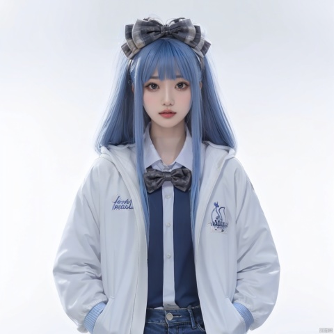  1girl, solo, long hair, looking at viewer, blush, bangs, blue eyes, simple background, shirt, long sleeves, white background, bow, closed mouth, blue hair, jacket, white shirt, ponytail, hair bow, open clothes, collared shirt, hood, bowtie, blue bow, hood down, white bow, blue jacket, hooded jacket, hands in pockets, blue bowtie