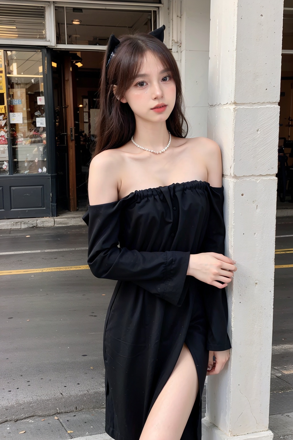  LY,1girl,solo,necklace,jewelry,detached sleeves,white hair,bare shoulders,multicolored hair,long hair,dress,realistic,red hair,hair ornament,ponytail,looking at viewer,
strapless,wide sleeves,side slit,long sleeves,
horns,blue background,
black dress,anklet,black footwear,high heels,blurry,, (raw photo:1.2),((photorealistic:1.4))best quality,masterpiece,illustration,an extremely delicate and beautiful,extremely detailed,CG,unity,8k wallpaper,Amazing,finely detail,masterpiece,best quality,official art,extremely detailed CG unity 8k wallpaper,absurdres,incredibly absurdres,huge filesize,ultra-detailed,highres,extremely detailed,beautiful detailed girl,cinematic lighting,1girl,pale skin,tall female,(perfect body shape),skinny body,Slender legs,, (Cowboy shot,Distant view,telechoto:1.1)