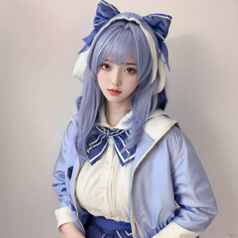  1girl, solo, long hair, looking at viewer, blush, bangs, blue eyes, simple background, shirt, long sleeves, white background, bow, closed mouth, blue hair, jacket, white shirt, ponytail, hair bow, open clothes, collared shirt, hood, bowtie, blue bow, hood down, white bow, blue jacket, hooded jacket, hands in pockets, blue bowtie