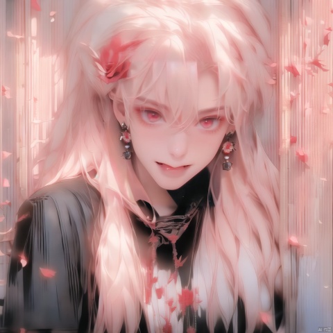  1boy, blood, camellia, earrings, flower, hair between eyes, jewelry, long hair, male focus, red flower, red rose, rose, rose petals, solo, spider lily, spot color, upper body, red eyes, thorns, tongue, tongue out, upper body, platinum blonde hair, (fangs:1.1), seductive expression, (smile with tongue:1.2),