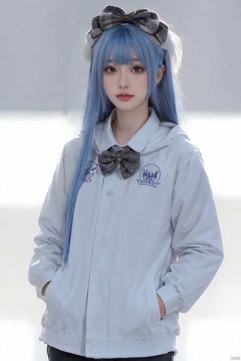  1girl, solo, long hair, looking at viewer, blush, bangs, blue eyes, simple background, shirt, long sleeves, white background, bow, closed mouth, blue hair, jacket, white shirt, ponytail, hair bow, open clothes, collared shirt, hood, bowtie, blue bow, hood down, white bow, blue jacket, hooded jacket, hands in pockets, blue bowtie,