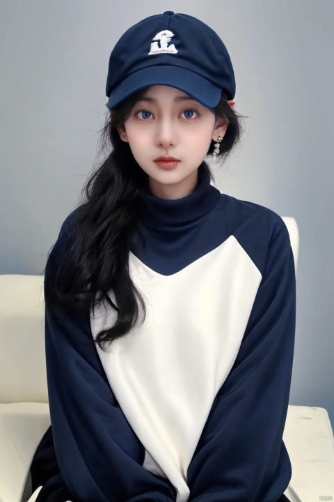  jijianchahua, 1girl, solo, blue eyes, hat, black hair, simple background, blue background, long sleeves, baseball cap, earrings, looking at viewer, upper body, jewelry, black headwear, hand on headwear, closed mouth, bangs, short hair, nail polish, blue nails, arm up, hair between eyes, black sweater, sleeves past wrists, sweater