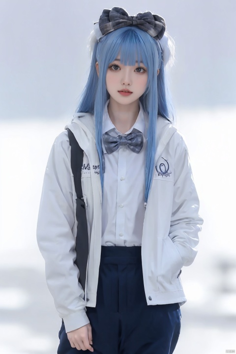  1girl, solo, long hair, looking at viewer, blush, bangs, blue eyes, simple background, shirt, long sleeves, white background, bow, closed mouth, blue hair, jacket, white shirt, ponytail, hair bow, open clothes, collared shirt, hood, bowtie, blue bow, hood down, white bow, blue jacket, hooded jacket, hands in pockets, blue bowtie, 