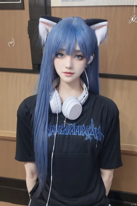  1girl,headphones_around_neck,headphones,solo,animal_ears,cat_ears,long_hair,blue_hair,arms behind back,