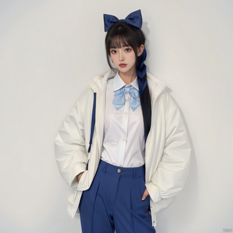  1girl, solo, long hair, looking at viewer, blush, bangs, blue eyes, simple background, shirt, long sleeves, white background, bow, closed mouth, blue hair, jacket, white shirt, ponytail, hair bow, open clothes, collared shirt, hood, bowtie, blue bow, hood down, white bow, blue jacket, hooded jacket, hands in pockets, blue bowtie