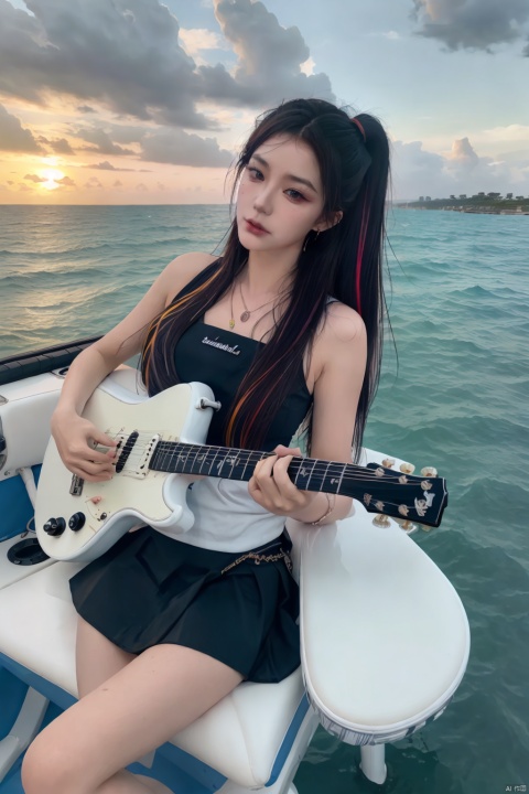  Masterpiece, (best quality, super detailed, crazy detailed: 1.2) , -SuperuHighhResolutiontion, sharp focus, perfect anatomy, cell animation, fantastic lighting) , super detailed, girPVC(pvc skirt) , wave background, splash, carrying electric guitar, playing guitar, multi-colored sea, ocean, solo, floating hair, sunset, beautiful light and shadow