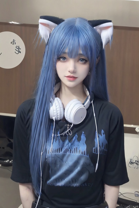  1girl,headphones_around_neck,headphones,solo,animal_ears,cat_ears,long_hair,blue_hair,arms behind back,