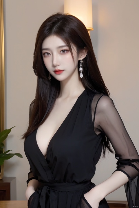  (ice:1.6), A Korean woman in a black see-through robe poses for a photo, dressed in Edge Seduction, indoors, in a luxury hotel, at night, plants, smiles, mixed Korean, blurred background, focus, professional photography, dynamic angle shots, film particles, Bokeh, light tracking, dynamic lighting, tilt camera, shot from the front, lens flare, (((masterpiece)) , (best quality)) , NSF, (intricate details) , (actual) , (50mm Sigma F1.4 Zeiss Lens, F1.4,1800s, ISO 100, photo: 1.1) , views, Moro Islamic Liberation Front, mature woman, very detailed, illustrations, a girl, large breasts, beautiful detailed eyes, long hair, boom, brown hair, brown eyes, black collar, earrings, detailed background, perfect eyes, seductive eyes, looking at the audience, from the front, 1girl, xiqing, (\shuang hua\), ronron, 1 girl