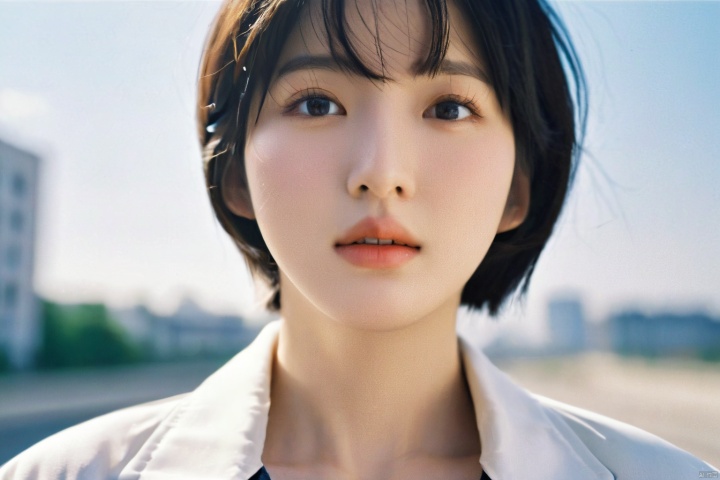  1girl, solo, blurry background, black hair, outdoors, light on face, blurry, black eyes, upper body, lips, day, sky, realistic, blue sky, shirt, white shirt, short hair, jacket, closed mouth, looking to the side, Zhenxin, best quality, photo \(medium\), realistic, (extremely detailed face:1.2), (extremely detailed eyes:1.2), epic, gorgeous, film grain, grainy, highly detailed, detailed skin texture