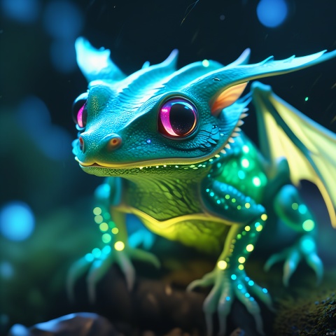  Small fairy dragons the size of a mouse an enchanted forest at night, glowing, Wings are folded, frog like features, bioluminescent, macro view from all difference angles, extremely detailed, highly detailed, High detail RAW color photo, 3d, highly detailed CG unified 8K wallpapers, physics-based rendering, cinematic lighting, beautiful detailed eyes, ultra highres, 8k, cinematic lighting, ah1, night, stars, masterpiece, best quality, ultra-detailed, glistening shiny, ray tracing, (epic composition, best quality, 16k, 8k, ultra highres, absurdres, highres, masterpiece, professional artwork:1.1)
