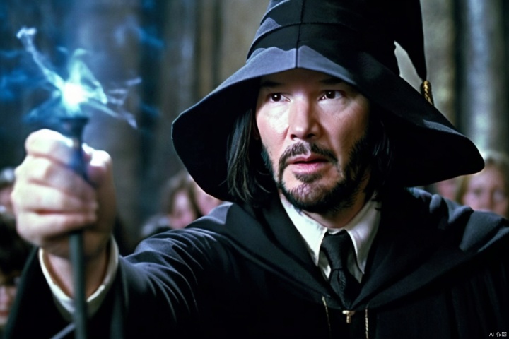  closeup cinematic still of Keanu Reeves , wearing Wizard Hat and Magic Wand and Robe , shot from Harry Potter , perfect eyes , from a movie