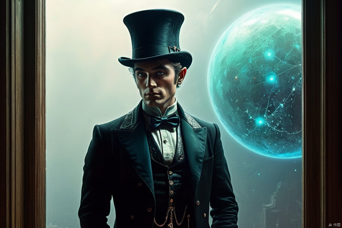 a frank frazetta steampunk victorian male elf with black suit and black top hat, star map outside, in the style of pino daeni, outside shine, window, tranquil shadow dream fluctuation, interior, door, electric powder blue, scarlet and emerald tinge, silent contemplation, expand, matte, focal point create, creepy, tempera, urban evening, fume, 4k, hyperrealistic
