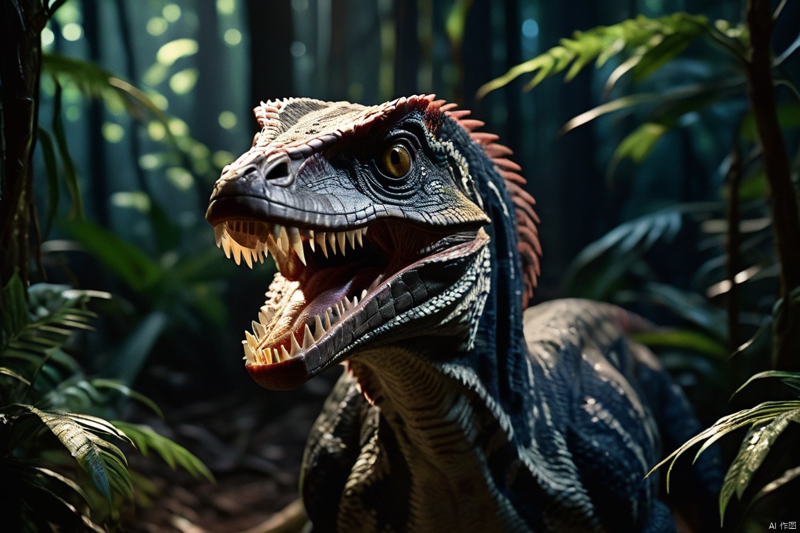 VRay, Delicate Evil (Velociraptor:1.2) , dark,jungle,split diopter, Ultra Detailed, Fearful,Dramatic spotlight, F/5, Single Color, masterpiece, digital cinematic, color grading ,natural lighting ,cool shadows, warm highlights, soft focus,   4k IMAX cinematography, dolby vision