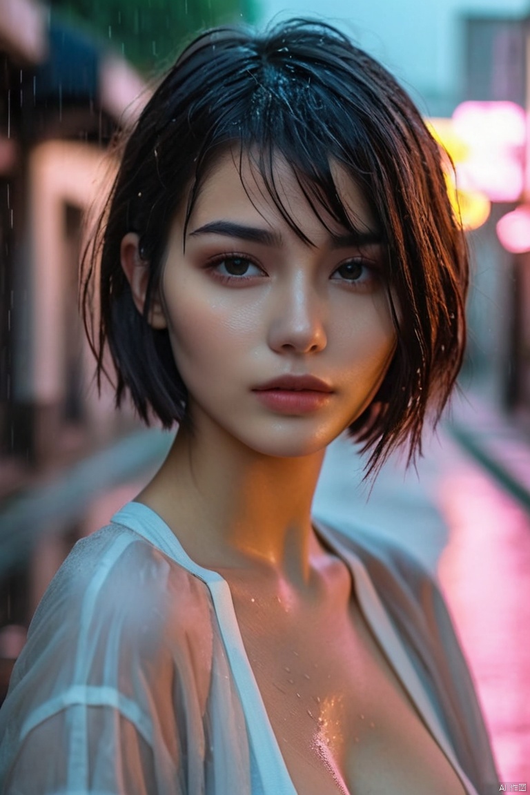  photographic of a girl, 20 years old,straight short hair, clear facial contour, upper body, looking at viewer, street,rainning,wet hair and clothes,neon, Beautiful dynamic dramatic dark moody lighting, volumetric, shadows, cinematic atmosphere, BREAK, 35mm photograph, (((grainy))), professional, 8k, highly detailed, Hasselbald 50mm lens f/1.9, cgart_mayfly,((((nipples out of clothes,large breasts,nsfw)))),nude,naked,nsfw,