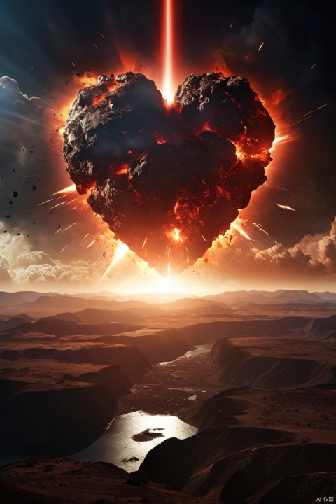 Science fiction movie, The Great Crash of Heaven and Earth, featuring a scene of a massive meteorite colliding with the Earth. The red light produced by the meteorite's intrusion into the atmosphere burns, creating a tremendous impact force (with a sense of fragmentation and realistic textures). It is heart wrenching and realistic in style,