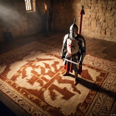 historical scene photography, templar knight with his armor, helmet and sword standing in a castle's room, cinematic angle, isometric view, wide angle, dynamic pose, cinematic light, hyper realistic, hyper detailed, 32k, hres,he was shot by arrow,