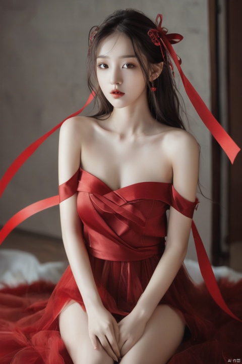  A girl ,bare shoulder,red ribbons bind her chest,long legs,high heels,full body,