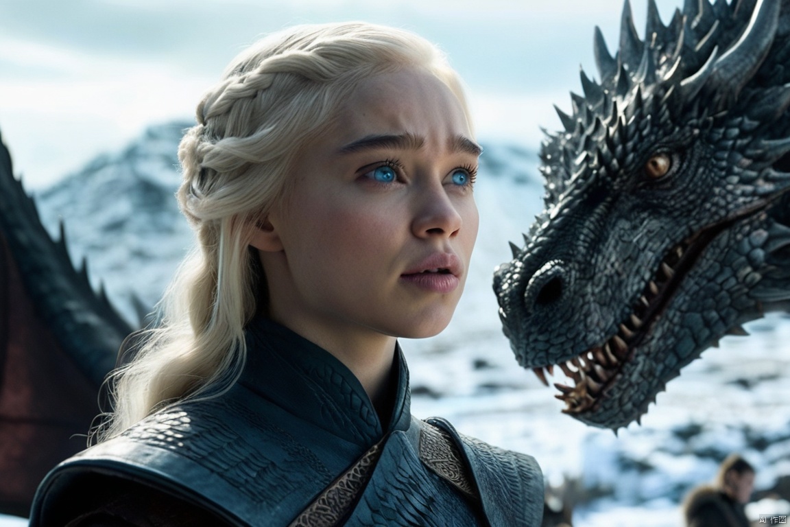 A cinematic film still of a (Movie Still) from Game of Thrones , (extremely intricate:1.3), (realistic), portrait of a girl, the most beautiful in the world, Daenerys Targaryen, blonde hair, long hair, blue eyes, behind her is a dragon, monster, teeth, snow, (detailed face, detailed eyes, clear skin, clear eyes), photorealistic, award winning, professional photograph of a stunning woman detailed, sharp focus, dramatic, award winning, cinematic lighting, volumetrics dtx

