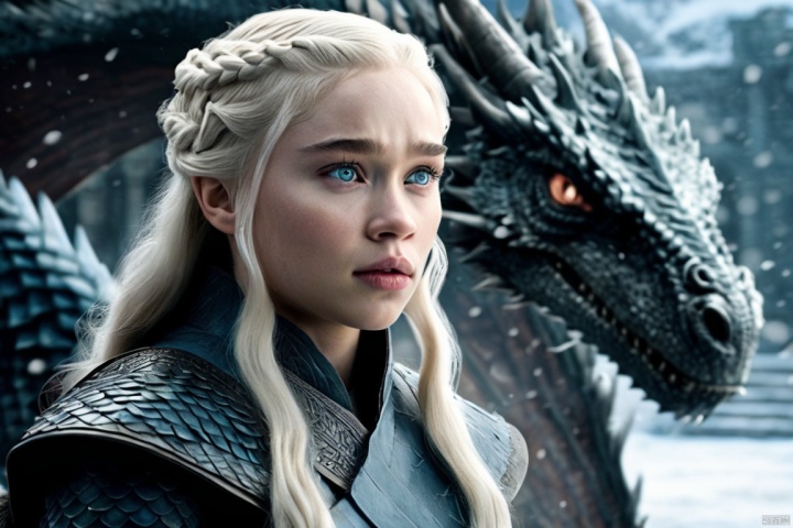A cinematic film still of a (Movie Still) from Game of Thrones , (extremely intricate:1.3), (realistic), portrait of a girl, the most beautiful in the world, Daenerys Targaryen, blonde hair, long hair, blue eyes, behind her is a dragon, monster, teeth, snow, (detailed face, detailed eyes, clear skin, clear eyes), photorealistic, award winning, professional photograph of a stunning woman detailed, sharp focus, dramatic, award winning, cinematic lighting, volumetrics dtx