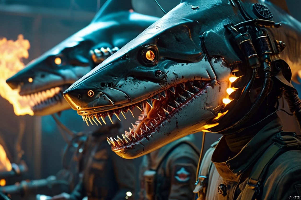  closeup cinematic still ,Fantasy, cyberpunk style, semi mechanical humanoid creatures (shark heads), mechanical creatures,wearing German uniforms,glowing pipelines and exoskeletons, flames in mouth,shot from cinema ,from a movie