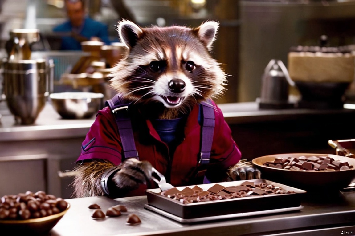 A cinematic film still of a film still of Rocket Racoon working as a chocolatier in the new Avengers movie,