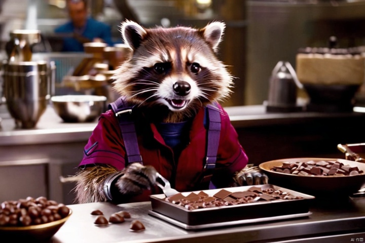 A cinematic film still of a film still of Rocket Racoon working as a chocolatier in the new Avengers movie,