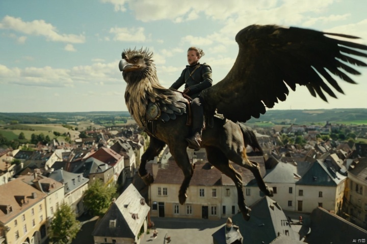 wide angle of , directed by directors cinemastyles, A griffon rider patrolling the skies over a European towns.


