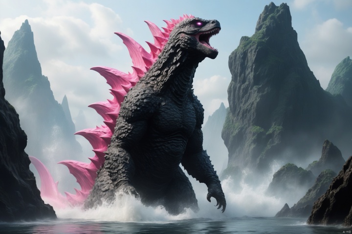  Science fiction elements, close-up shots, unknown caves, (Godzilla's pink dorsal fin can be vaguely seen, (pointed, without eyes, a vertical mouth: 1.4), (it is soaked in unknown liquid: 1.4), realistic, cinematic,