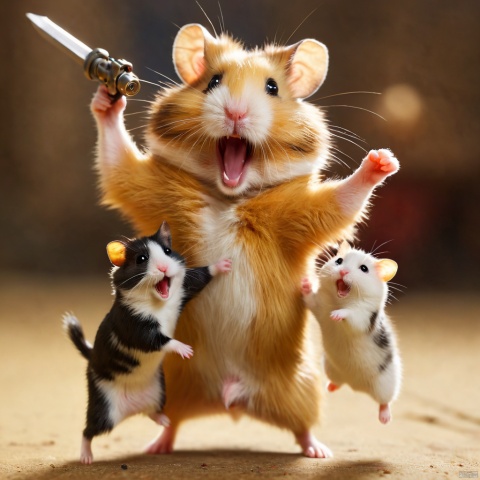 by Arthur Wardle and Eytan Zana and Emilia Wilk,hamster holding up two cute cat while laughing maniacally,dual wielding hamsters,depth of field,cinematic,