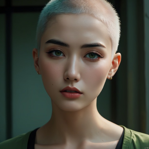  raw photo, a cute furled brow girl, silver buzz cut, 28 years old, lip liner, liquid eyeliner, rough, choker, realistic skin texture, oversize t-shirt, (Spring Green:0.8), softcore, cold lighting, morbid atmosphere, trending on Pixiv style, fashion (spring:1.1), (nsfw:0.9), highly detailed photography, (muted colors, cinematic, dim colors, soothing tones:1.2), vibrant, insanely detailed, hyperdetailed, (dark shot:1.2), (vsco:0.3)
