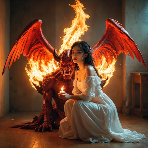  female angel and Ugly demon,vivid colors, realistic style,
epic scene, fabulous,
//(dynamic poses:1.4),A female angel in a white dress kneels, with a Ugly demon holding a flame in his hand in the background, rich visual hierarchy, medium shot, realistic style, delicate details,Natural lighting, subdued and diffuse,