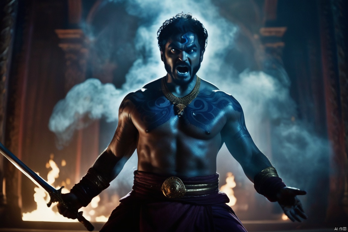 cinematic film still, A silhouetted figure emerges from a swirling vortex of smoke, flames, and darkness. The genie's eyes blaze with fury, and his arms are outstretched, gripping a gleaming sword. The film still captures a pivotal moment in the dark fantasy film, as the genie charges toward the viewer, ready to unleash his wrath. The atmosphere is dark and gritty, with professional cinematic lighting engulfing the scene. The director's name, etched into the frame, is a testament to the veteran Hollywood fantasy director's vision and expertise in creating cinematic masterpieces. glossy, rtx, reflections, soft light, soft shadows, dramatic lighting, atmospheric, global illumination, unreal, octane, (two tone lighting:1.5), (cyan light:1.4)
