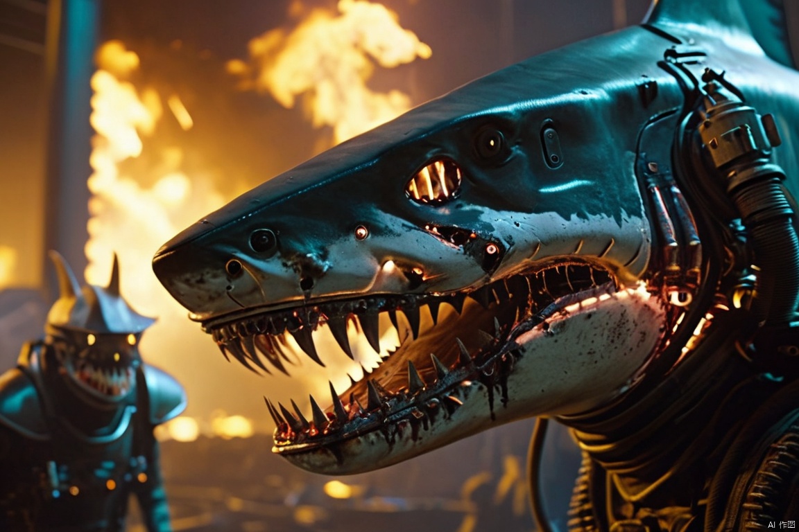  closeup cinematic still ,Fantasy, cyberpunk style, semi mechanical humanoid creatures (shark heads), mechanical creatures,wearing German uniforms,glowing pipelines and exoskeletons, flames in mouth,shot from cinema ,from a movie
