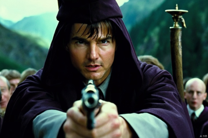  two man,closeup cinematic still of Tom Cruise holding a gun,wearing Wizard Hat and Magic Wand and Robe,shot from Harry Potter , perfect eyes , from a movie