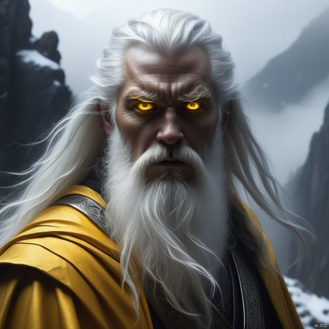an award-winning digital art piece featuring a menacing and powerful wizard. This bearded figure, with long hair and stark white facial hair, is highlighted by a dim backlight creating a stark contrast against a dark, foggy atmosphere. His (beautiful detailed eyes, yellow eyes:1.6) pierce through the ominous scene set on a snowy mountain top. Rendered in a realistic fantasy style with a monochromatic palette of blacks, grays, and whites. This work would stand out in Fantasy Art Online Galleries, Dark Fantasy magazines, and captivate at the Spectrum Fantastic Art Awards or World Science Fiction Convention Awards. Featured in Fantasy Magazine and ImagineFX.
