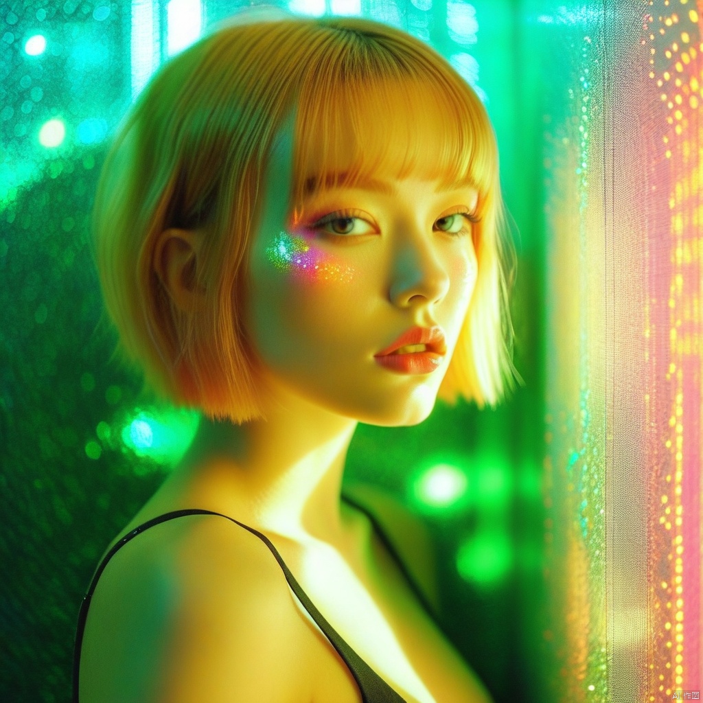 analog photo, dark shot, low key, action, (a intelligent  girl, 20 years old:1.1), strawberry blonde pixie bob hair, large breasts,reflections on the wall background, abstraction atmosphere, (prismatic, holographic:1.2), sparkles, neon pixels, (neon light:1.1), chaotic, fashion magazine, (intricate details:0.9), (hdr, hyperdetailed:1.2)
