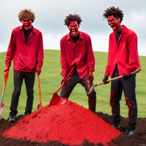 Dark style, high wind at night, three male high school students stood beside a mound with a shovel, laughing wildly, and the mound oozed bright red liquid (the figure behind was the devil: 1.3), mixed style,
