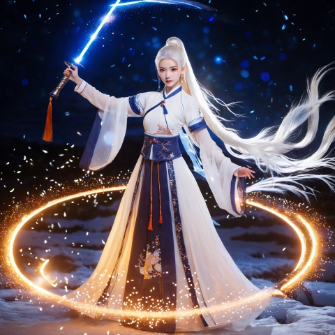  Blade Power,dark theme,snowing,ice ground,In the depths of the night,a young girl's white long hair moved with the rotation of her body,elegantly spinning in circles,wearing chinese hanfu,she holding a glowing blue sword in her hands,particle effects,dynamic poses,dynamic movements,There were countless shining sequins on the white long coat,(these sequins undulated with the rotation of the dress, turning into countless orange light spots:1.4). The light dots tightly surrounded her,with edge light and eye light,forming a beautiful picture of human and nature. Black and orange,divine girls,flowing light and shadow,realistic style,full body shot,